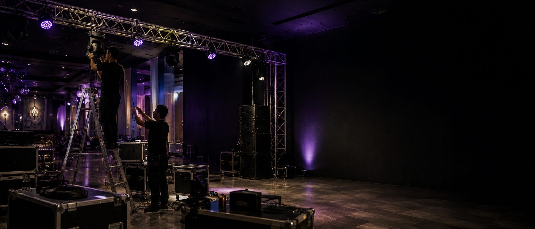 Montaje de equipos de iluminación en un salón antes del evento