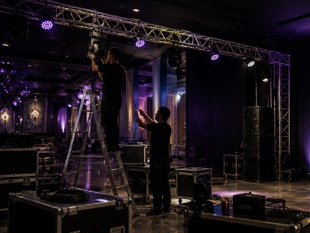 Montaje de equipos de iluminación antes de un evento